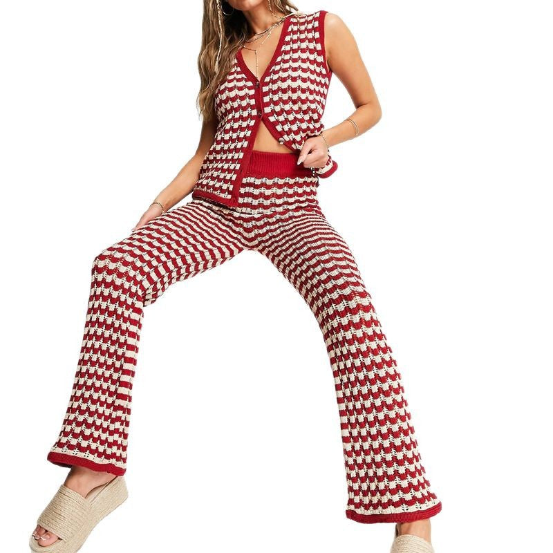 Women’s Knit Vest and Pants Set – Relaxed Fit – V-Neck Button Vest – Wide-Leg Trousers