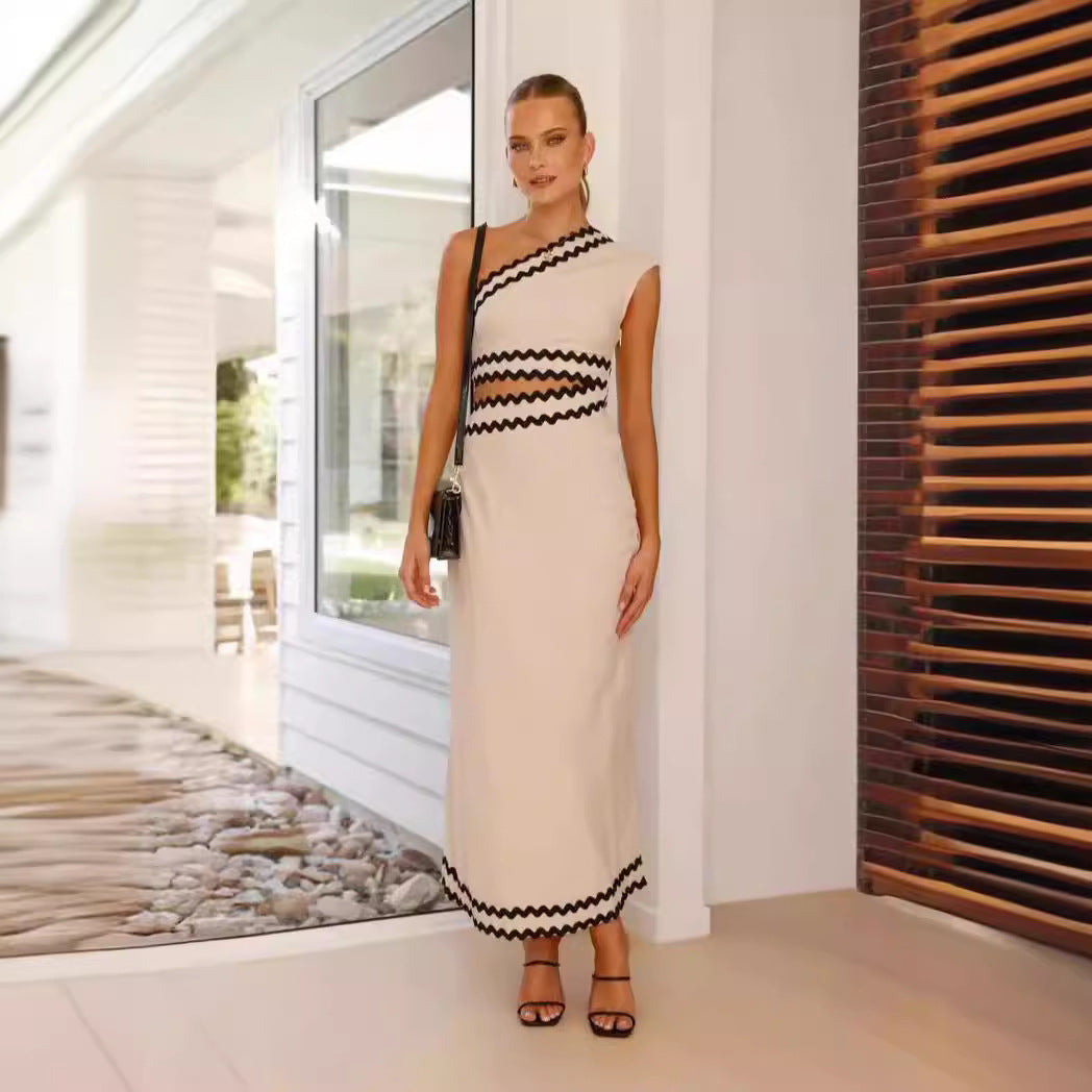 Women’s Maxi Dress – Slim Fit – One Shoulder – Asymmetrical Neckline – Elegant Trim