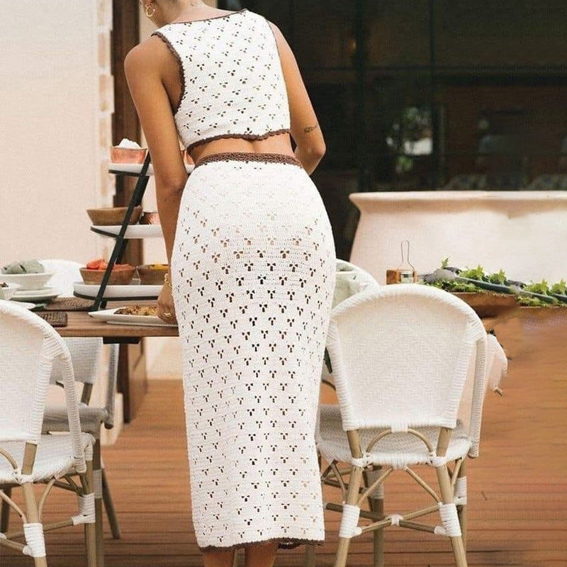 Women’s Knitted Dress Set – Slim Fit – Lace Openwork – Sleeveless Crop Top – Midi Skirt