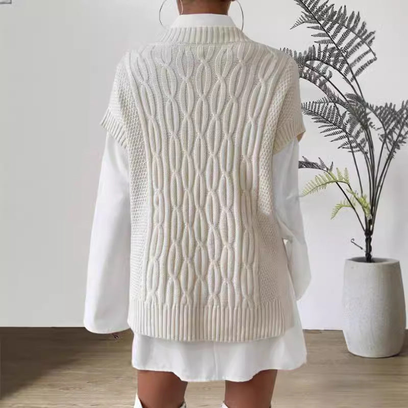 Women’s Sweater Vest – Cable Knit Wool Blend – Oversized Fit – Deep V-Neck Ribbed Hem