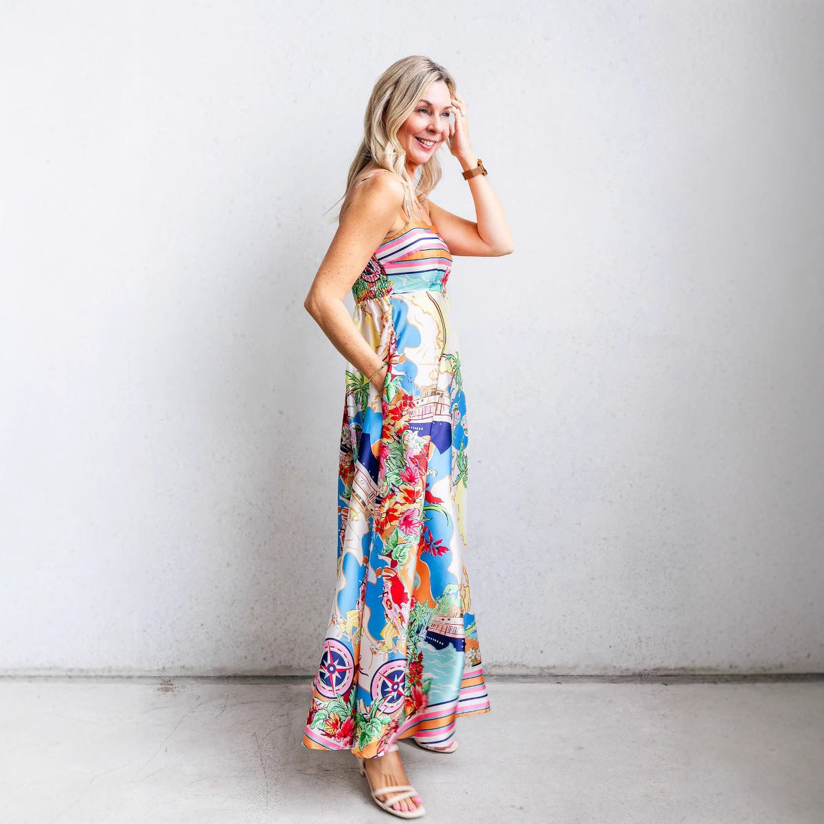 Women’s Sundress – A-Line Fit – High Waist – Cotton Blend – Spaghetti Straps – Full Length