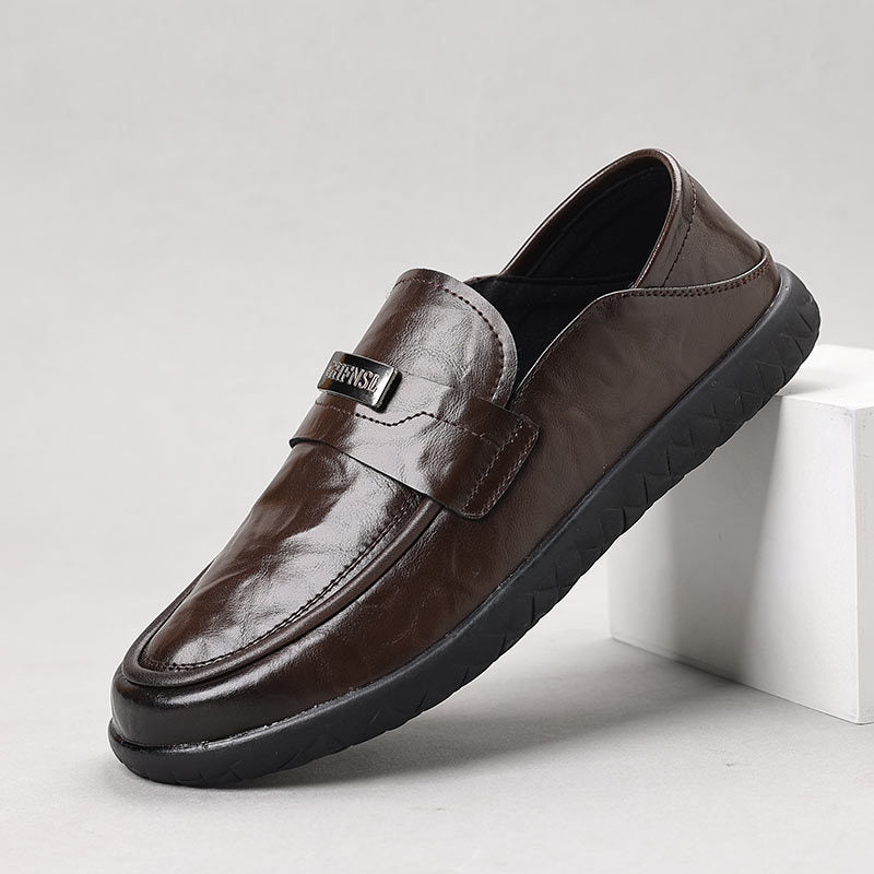 Men’s Loafers – Leather Slip-On – Rubber Sole – Decorative Strap – Business Casual