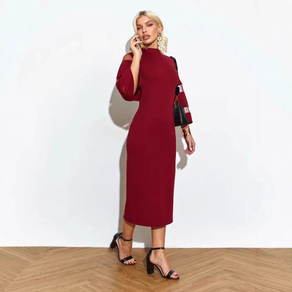Women’s Midi Dress – Slim Fit Pencil Silhouette – Bell Sleeve – Sheer Panel – Side Slit