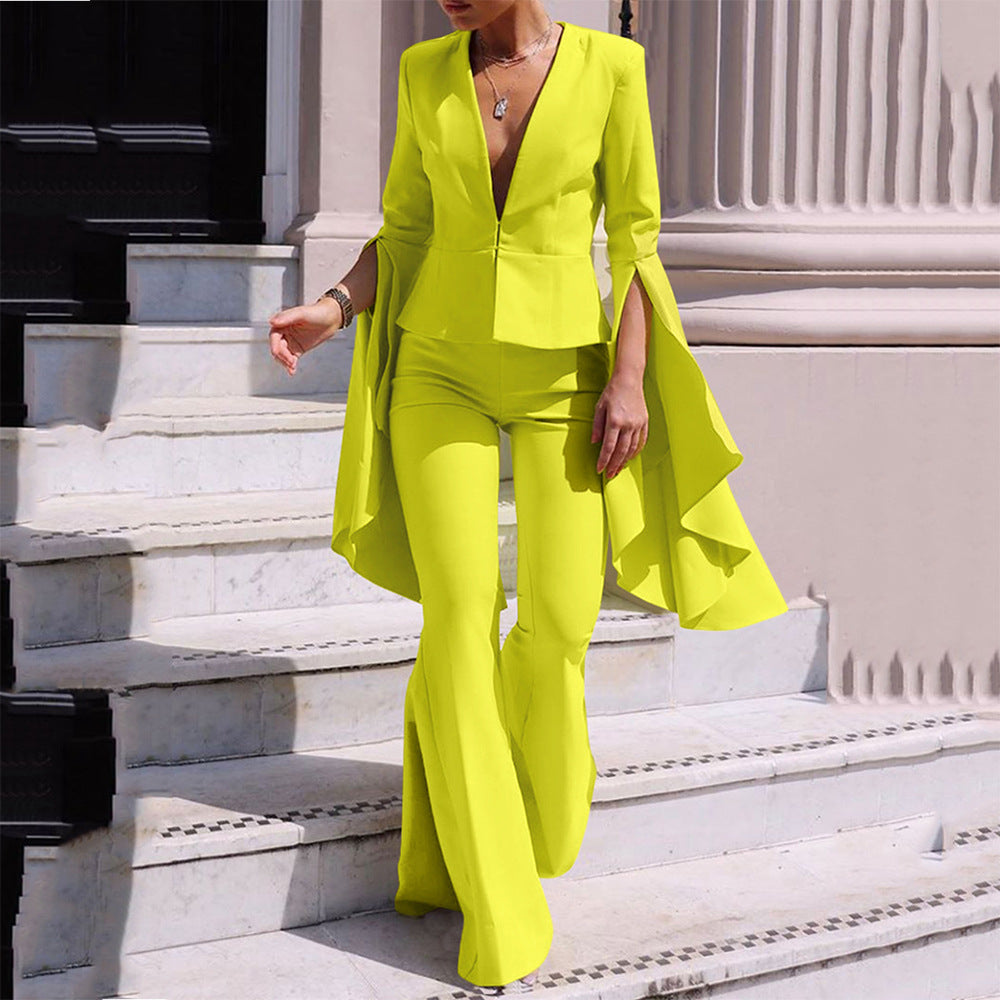 Women’s Two-Piece Set – Deep V-Neck Top – Cape Sleeves – Flared Leg Pants – Structured Fit