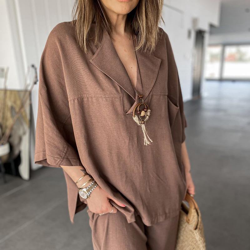 Women’s Two-Piece Set – Relaxed Fit – V-Neck Top – Wide-Leg High-Waisted Pants