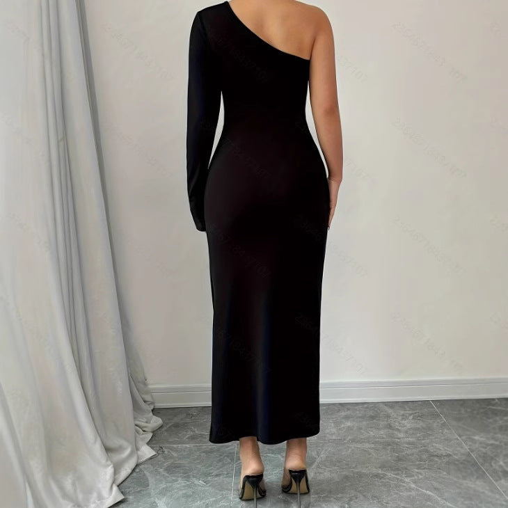 Women’s Bodycon Dress – Off-Shoulder – Long Sleeve – Asymmetric Slit Midi Evening Wear