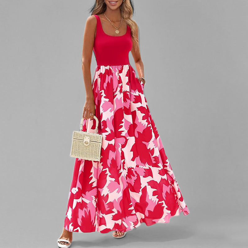 Women’s Maxi Dress – Sleeveless Scoop Neck – High Waist – Flowy A-Line – Printed Skirt