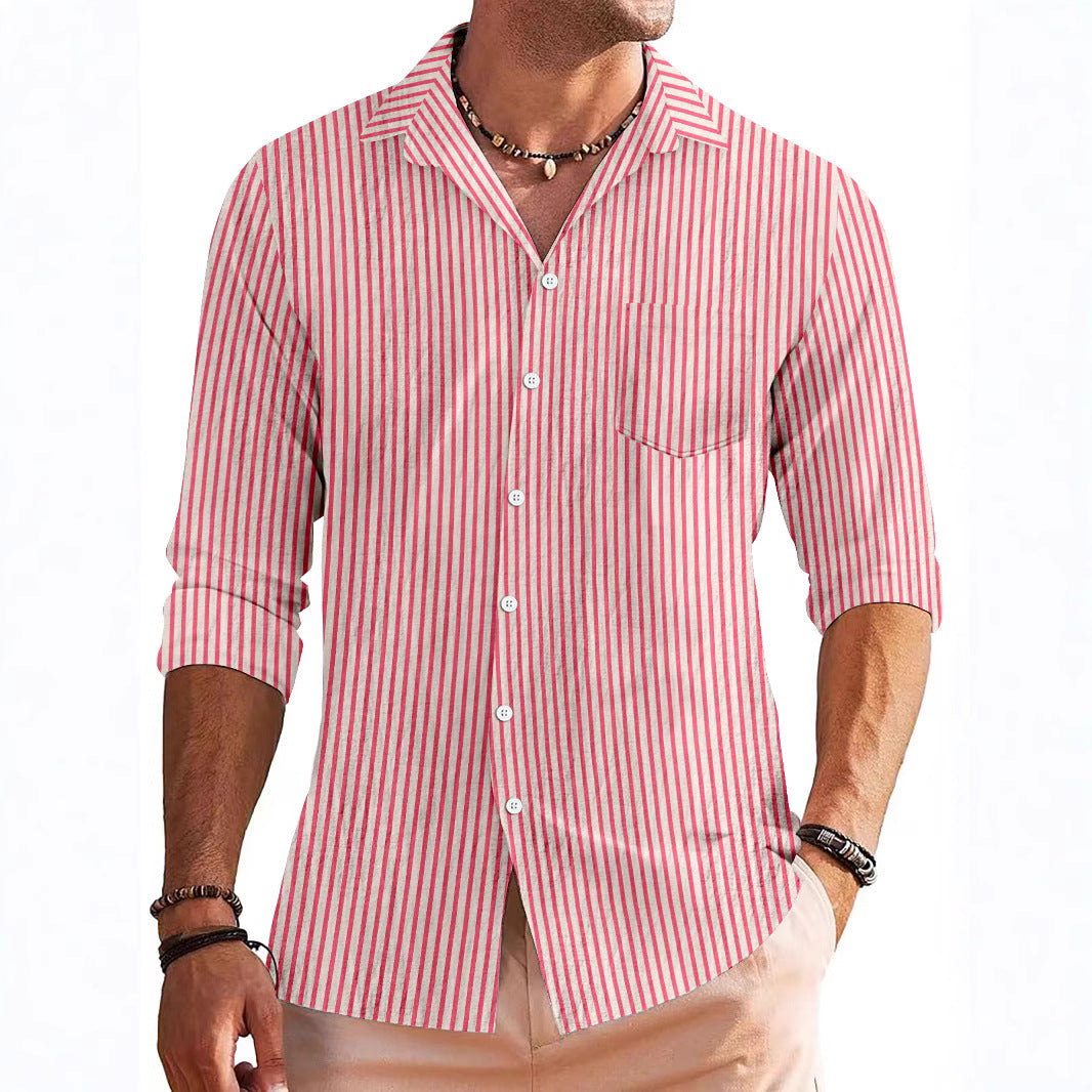 Men’s Long Sleeve Shirt – Regular Fit – Breathable Blend – Stripe Pattern – Chest Pocket
