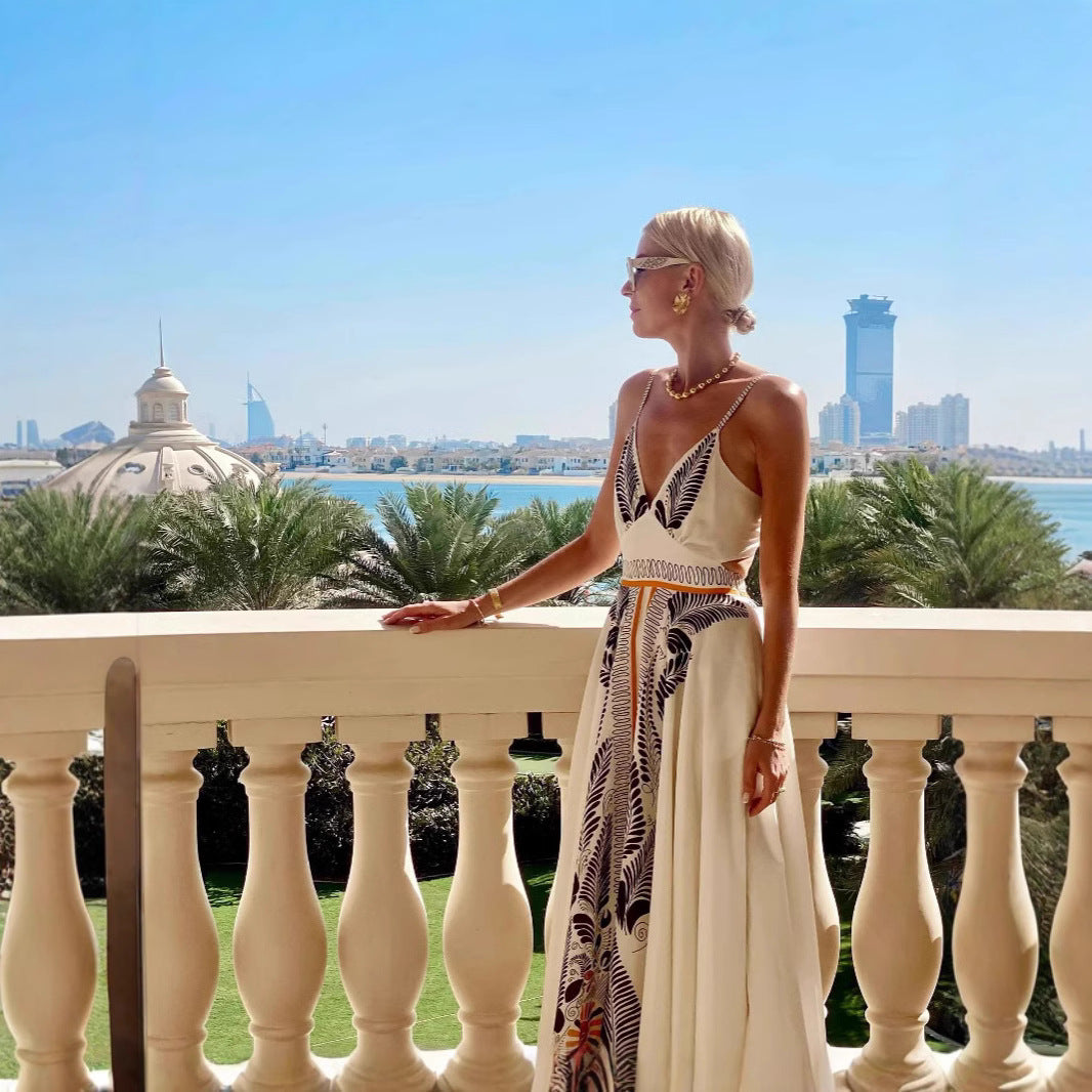 Women’s Maxi Dress – Halter Neck – Open Back – Low Cut – Lightweight Cotton – Printed