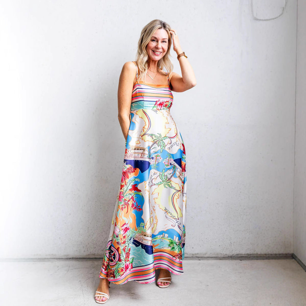 Women’s Sundress – A-Line Fit – High Waist – Cotton Blend – Spaghetti Straps – Full Length