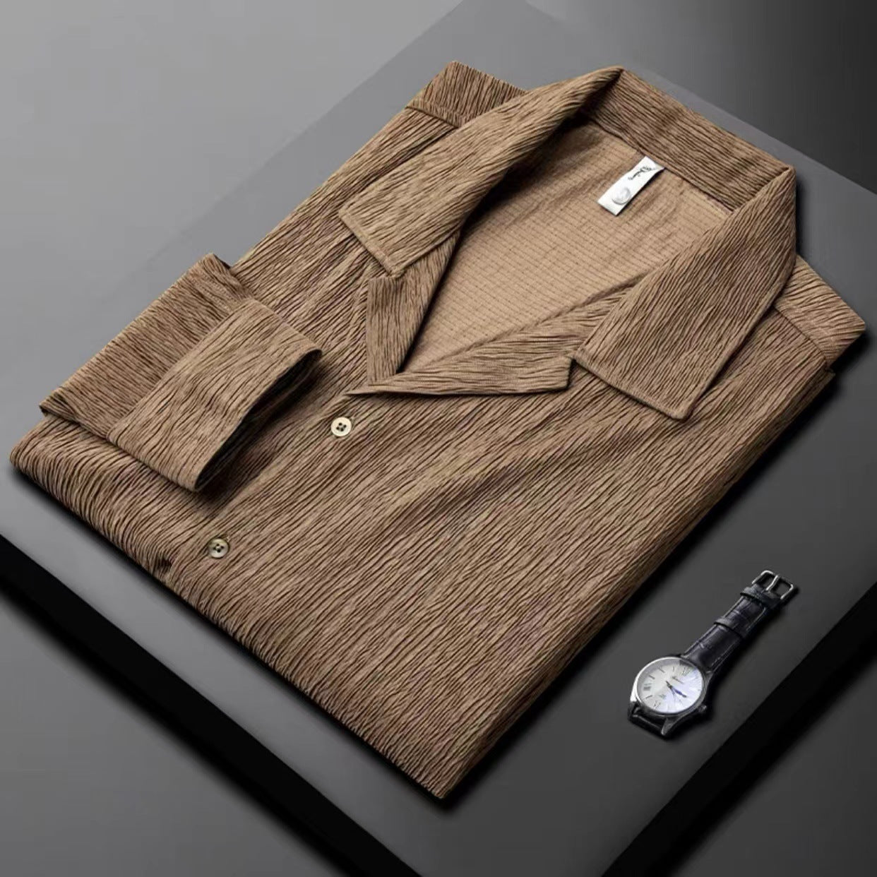 Men’s Long-Sleeve Shirt – Cuban Collar – Pleated Texture – Relaxed Structured Fit