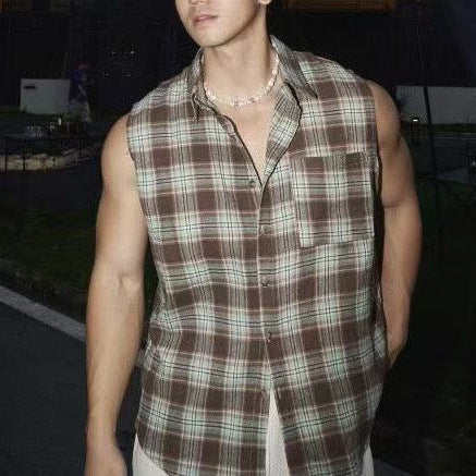 Men's Sleeveless Shirt – Loose Fit – Plaid Button-Down – Lightweight Breathable Casual