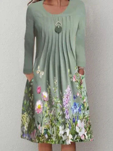 Women’s Midi Dress – A-Line Fit – Long Sleeve – Floral Detail – Cotton Blend