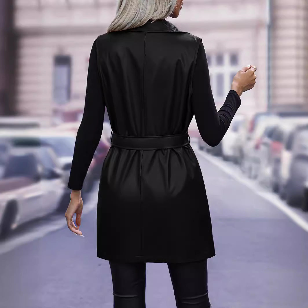 Women’s Vest Jacket – Tailored Fit – Faux Leather Look – Tie Waist – Sleeveless Layering