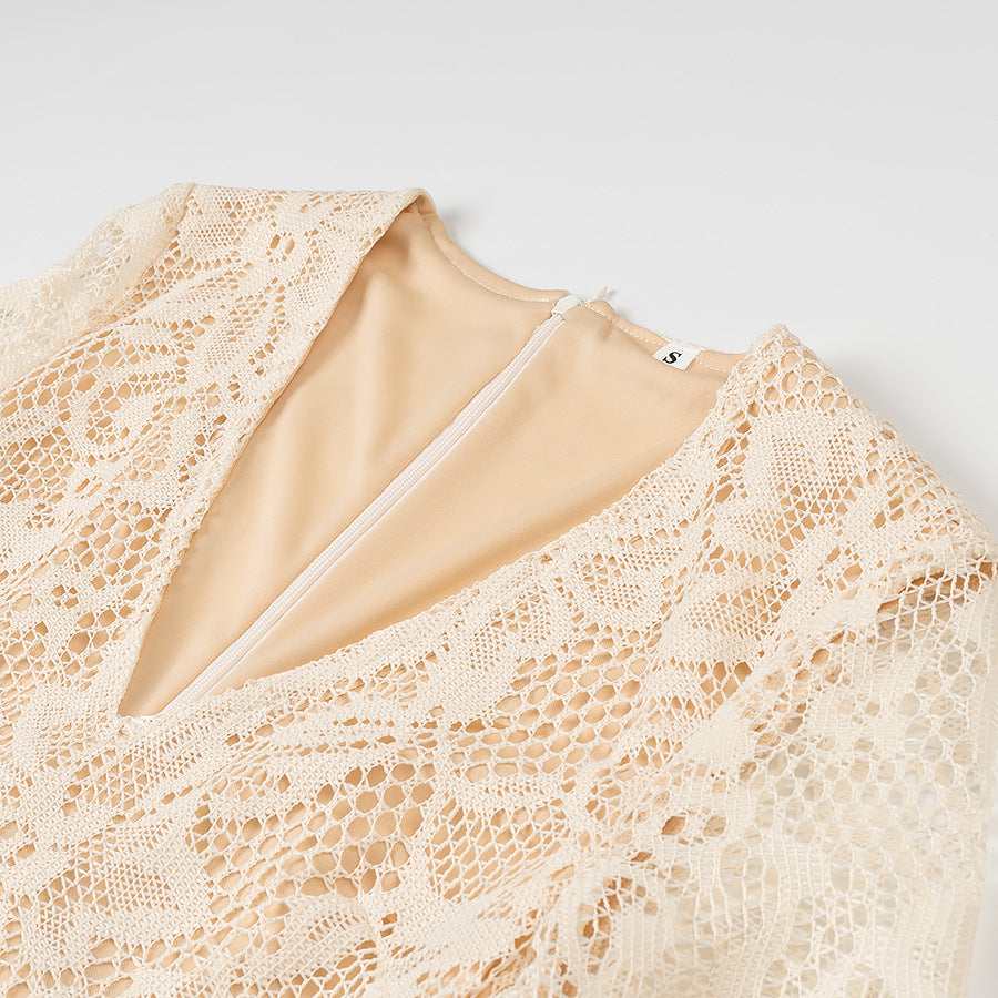 Women’s Lace Dress – Slim Fit – Deep V-Neck – Long Sleeve – Full Length Formal Wear