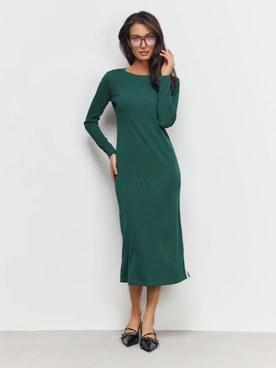 Women’s Knit Maxi Dress – Slim Fit – Long Sleeve – Ribbed – Side Slit