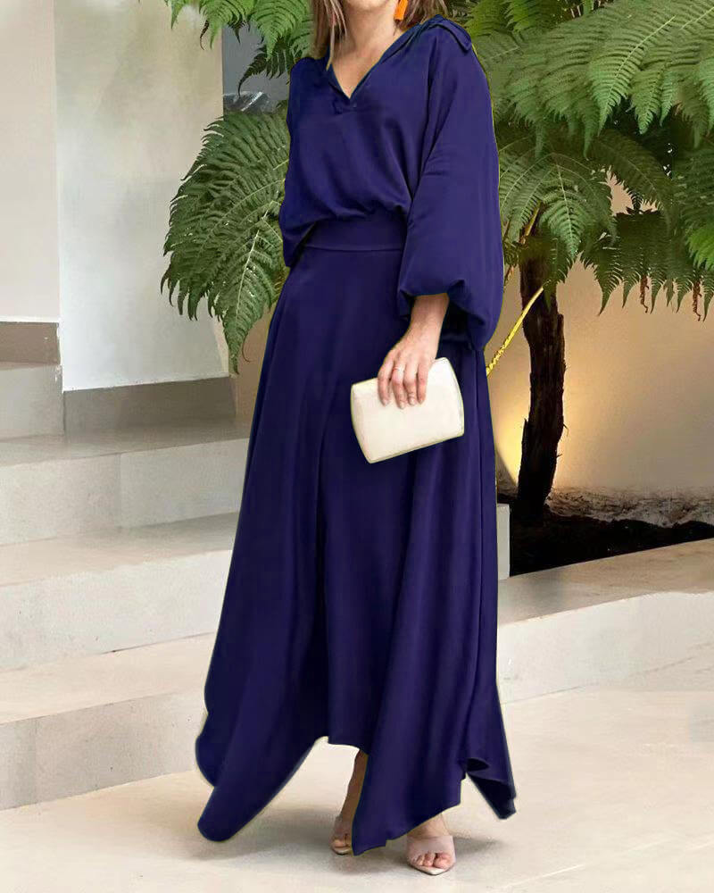 Women's Maxi Dress - Flowy Lightweight Fabric - V-Neck Long Wide Sleeves - Asymmetrical Hem