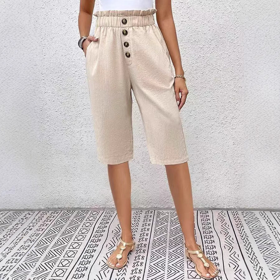 Women’s Knee-Length Shorts – Lightweight Linen – High Waist Paperbag – Relaxed Fit