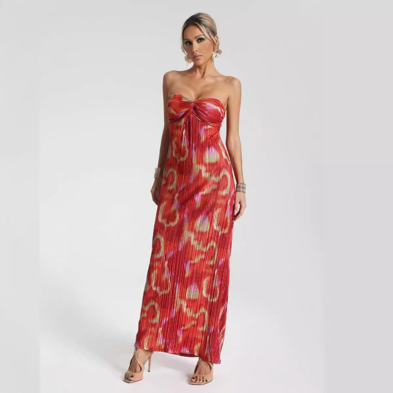 Women’s Strapless Maxi Dress – Slim Fit – Pleated Fabric – Abstract Print – Formal Wear