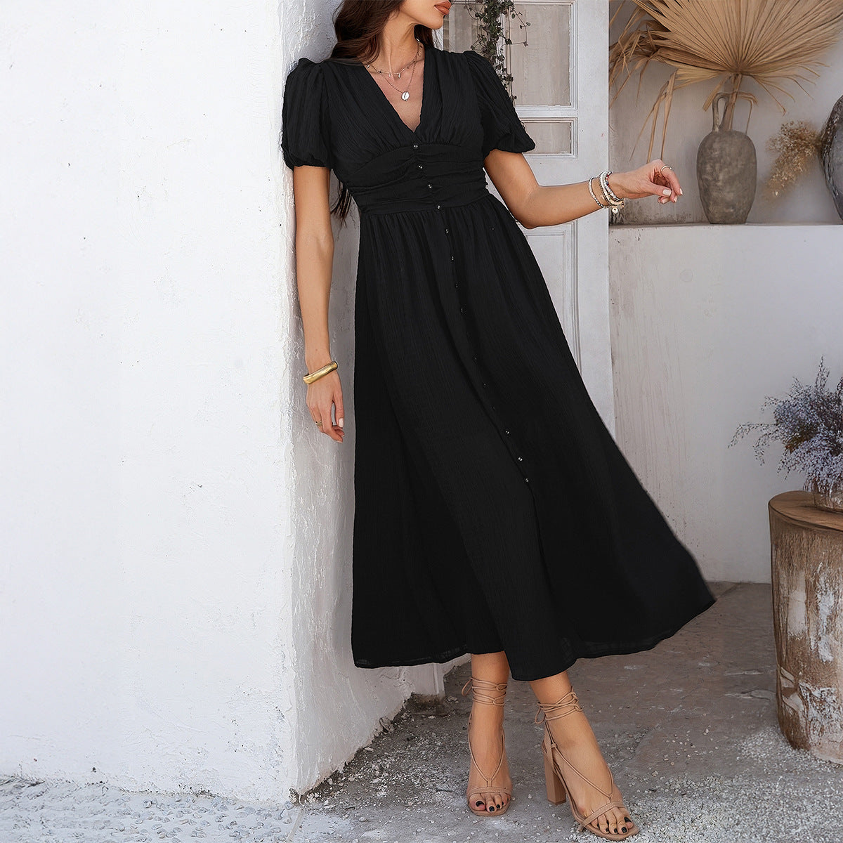 Women’s Maxi Dress – V-Neck – High Waist – Short Sleeve – Button Front – Front Slit