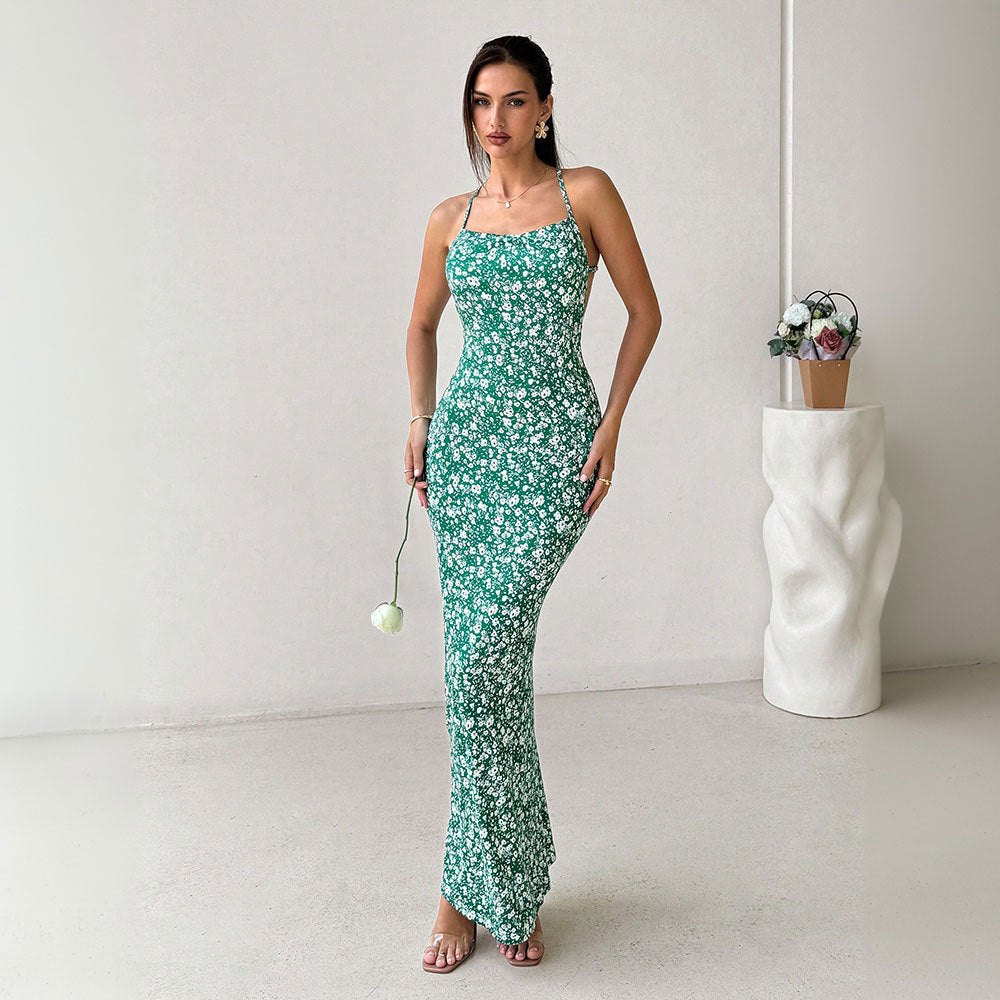 Women’s Sundress – Slim Fit – Floral Print – Spaghetti Straps – Open Back – Full Length