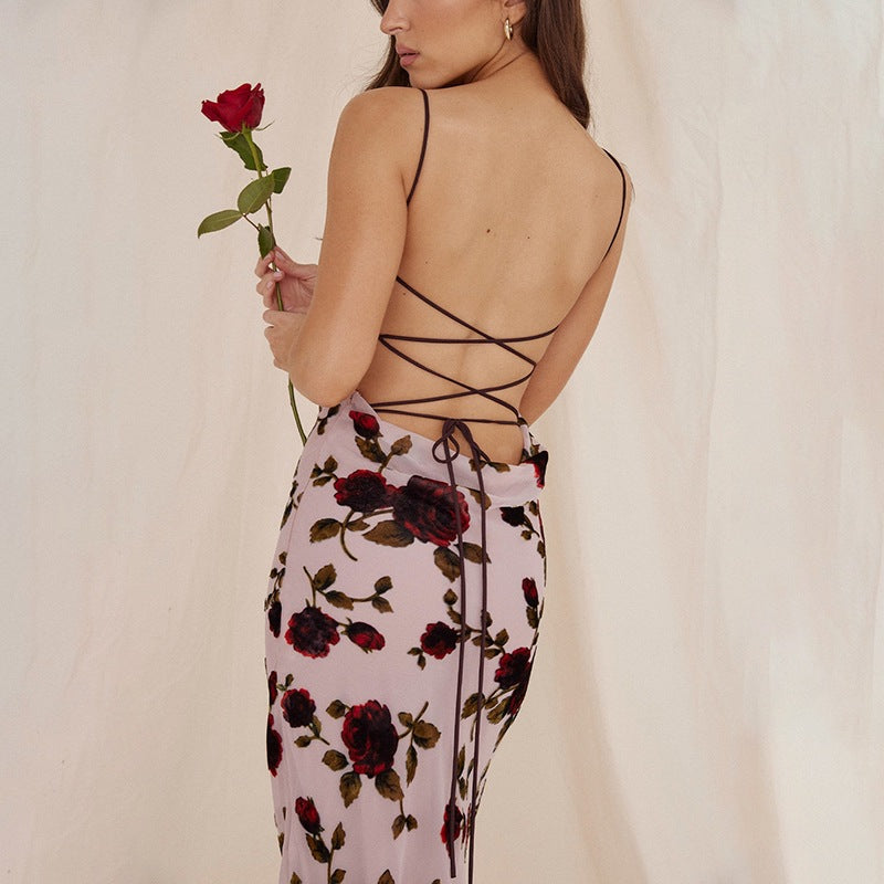 Women’s Slip Dress – Satin Finish – Slim Fit – Spaghetti Straps – Open Back – Floral Print