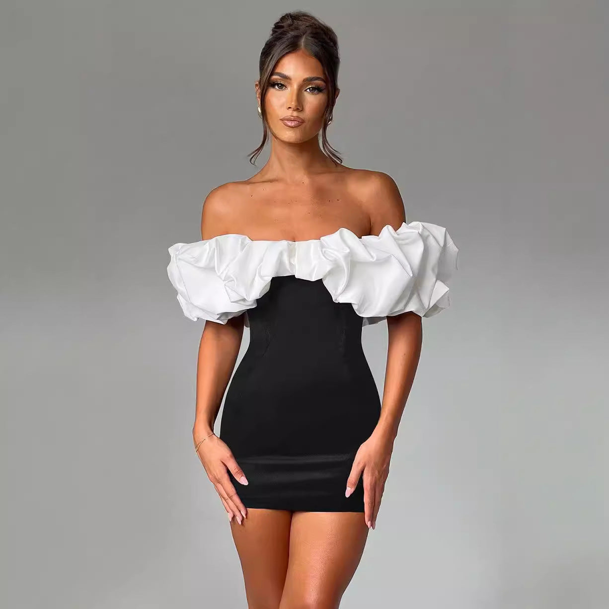 Women’s Mini Dress – Off-Shoulder Ruffled Neckline – Slim Fit Bodycon Party Wear