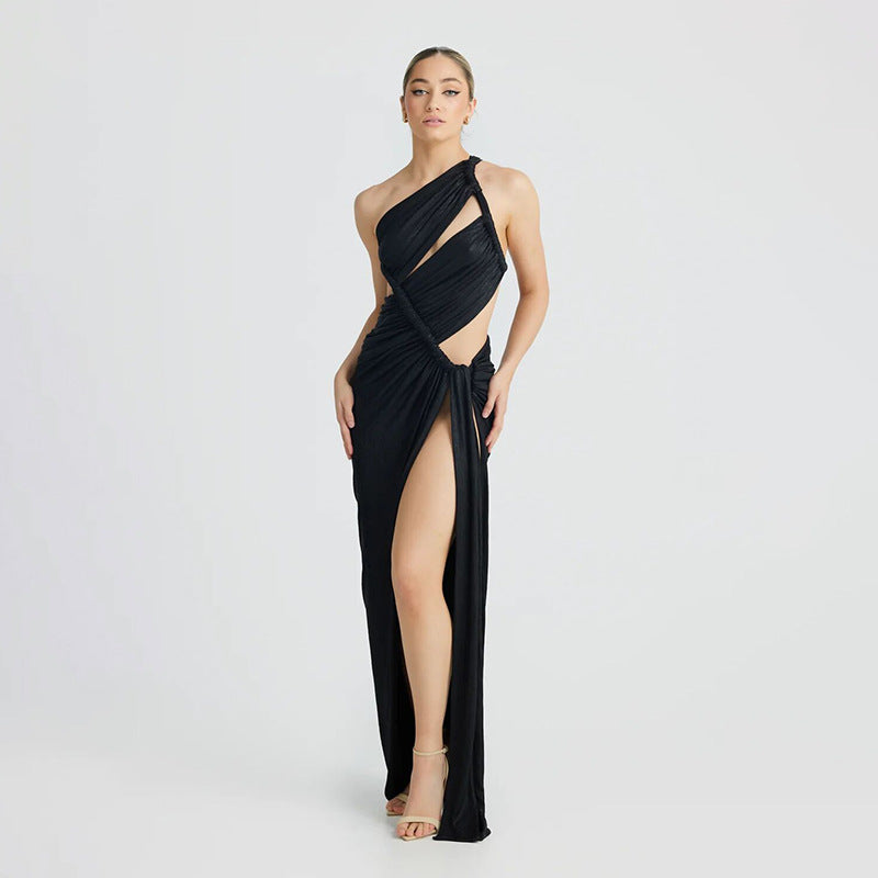 Women’s Evening Gown – Bodycon Fit – One Shoulder – Satin Look – High Slit – Cut-Out Draped