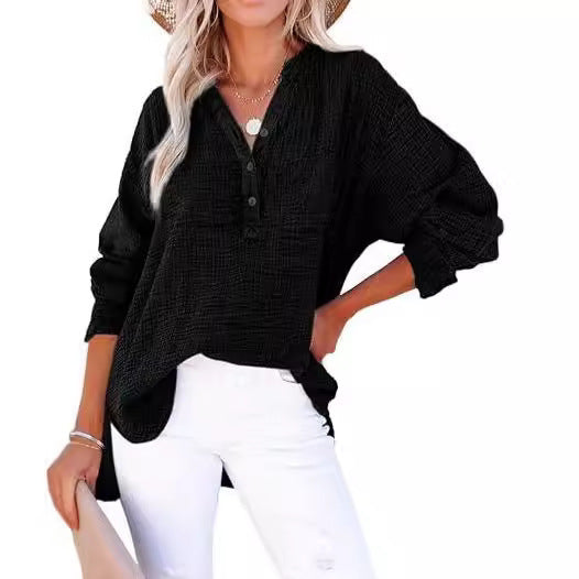 Women’s Long Sleeve Top – Relaxed Fit – Crinkled Cotton – Button Front Casual Style