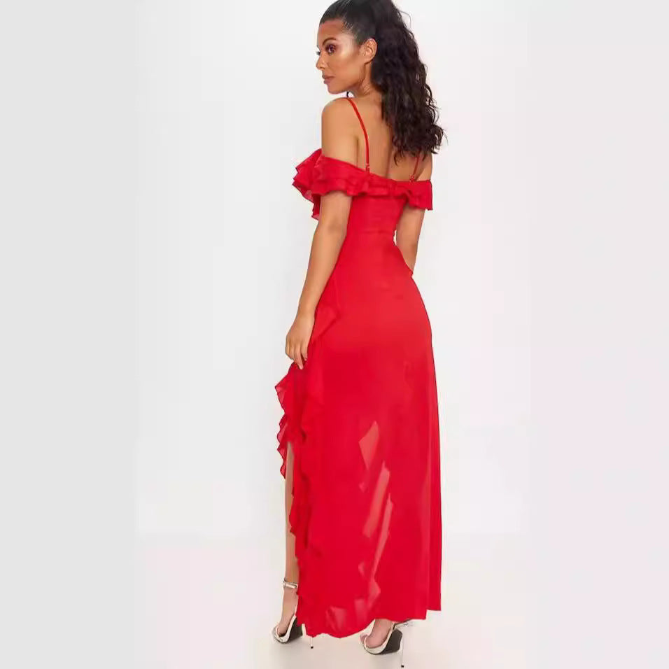 Women’s Long Dress – Slim Fit – Chiffon Ruffles – Spaghetti Straps – Off-Shoulder