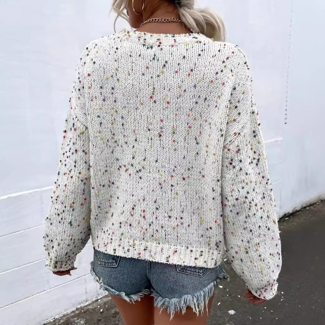 Women’s Pullover Sweater – Relaxed Fit – Speckled Knit – Ribbed Trim – Hip Length