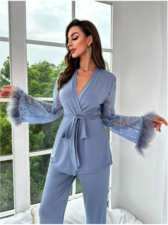 Women’s Wrap Top and Pajama Pants Set - Satin Look - Lace Sleeves and Faux Fur Cuffs