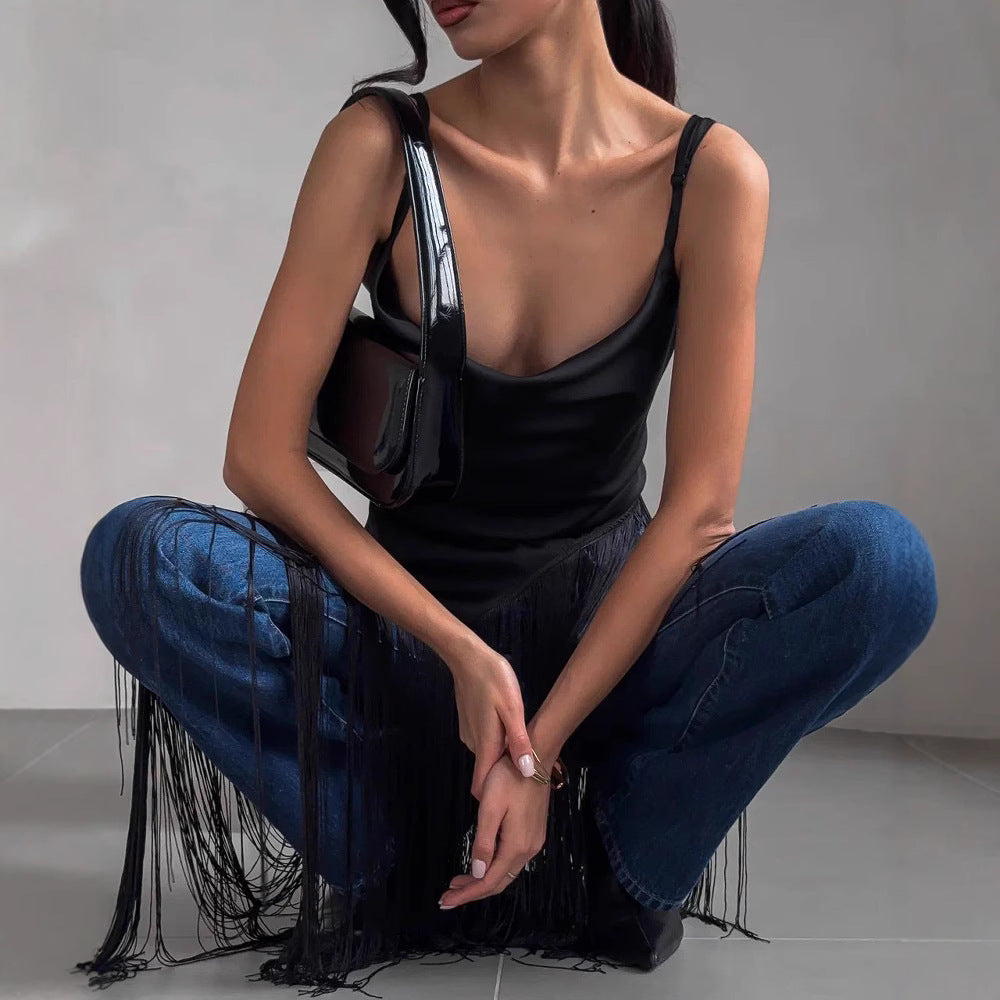 Women’s Sleeveless Top – Satin Finish – Deep V-Neck – Draped Fringe – Slim Fit