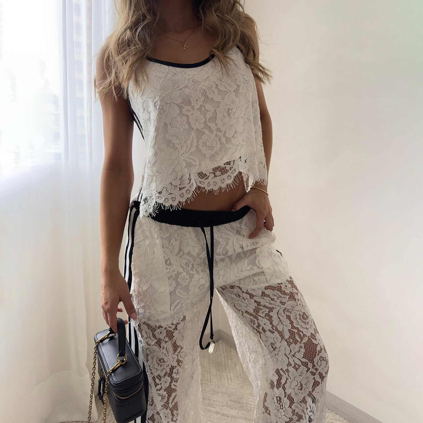 Women’s Two-Piece Set – Lace Texture – Cropped Camisole – Drawstring Pants – Relaxed Fit