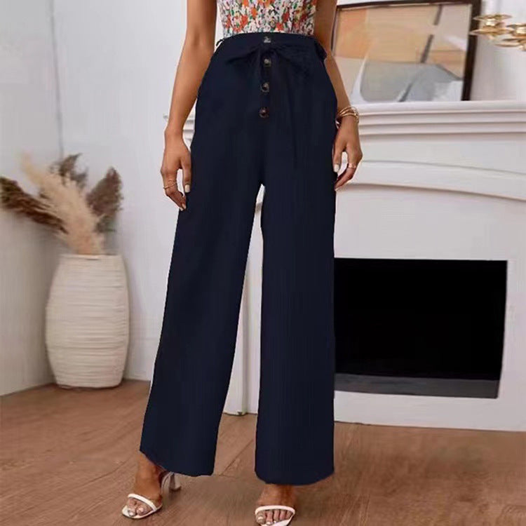 Women’s Wide-Leg Pants – High Waist – Tie Belt – Cotton Blend – Full Length Fit