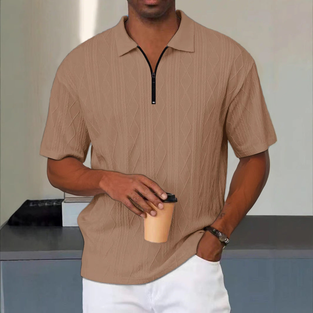 Men's Polo Shirt - Knit - Relaxed Fit - Zip Collar - Textured Cable Pattern
