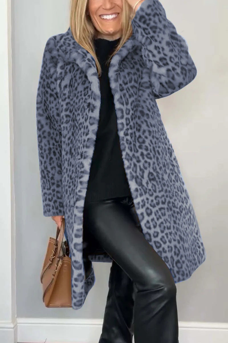 Women’s Coat – Faux Fur – Oversized Fit – Leopard Print – Notched Collar – Casual Style