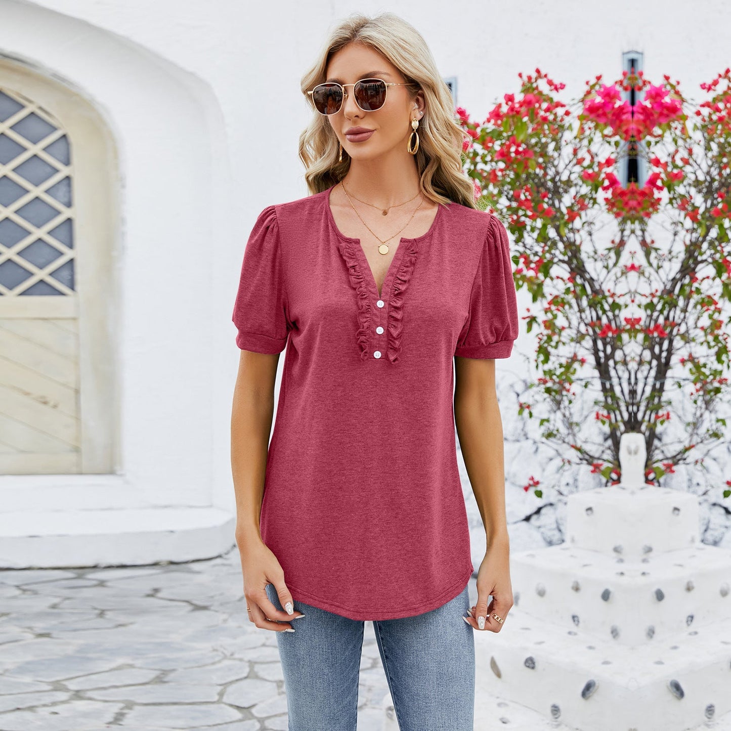 Women’s V-Neck T-Shirt – Relaxed Fit – Ruffled Trim – Button Front – Breathable Blend