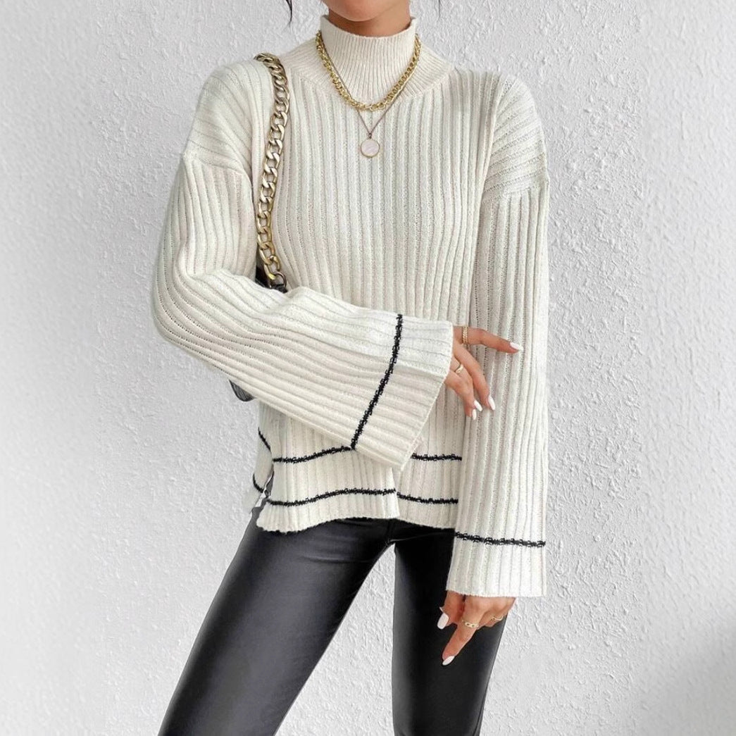 Women’s Knitted Sweater – Oversized Fit – Ribbed Texture – Mock Neck – Flared Sleeve