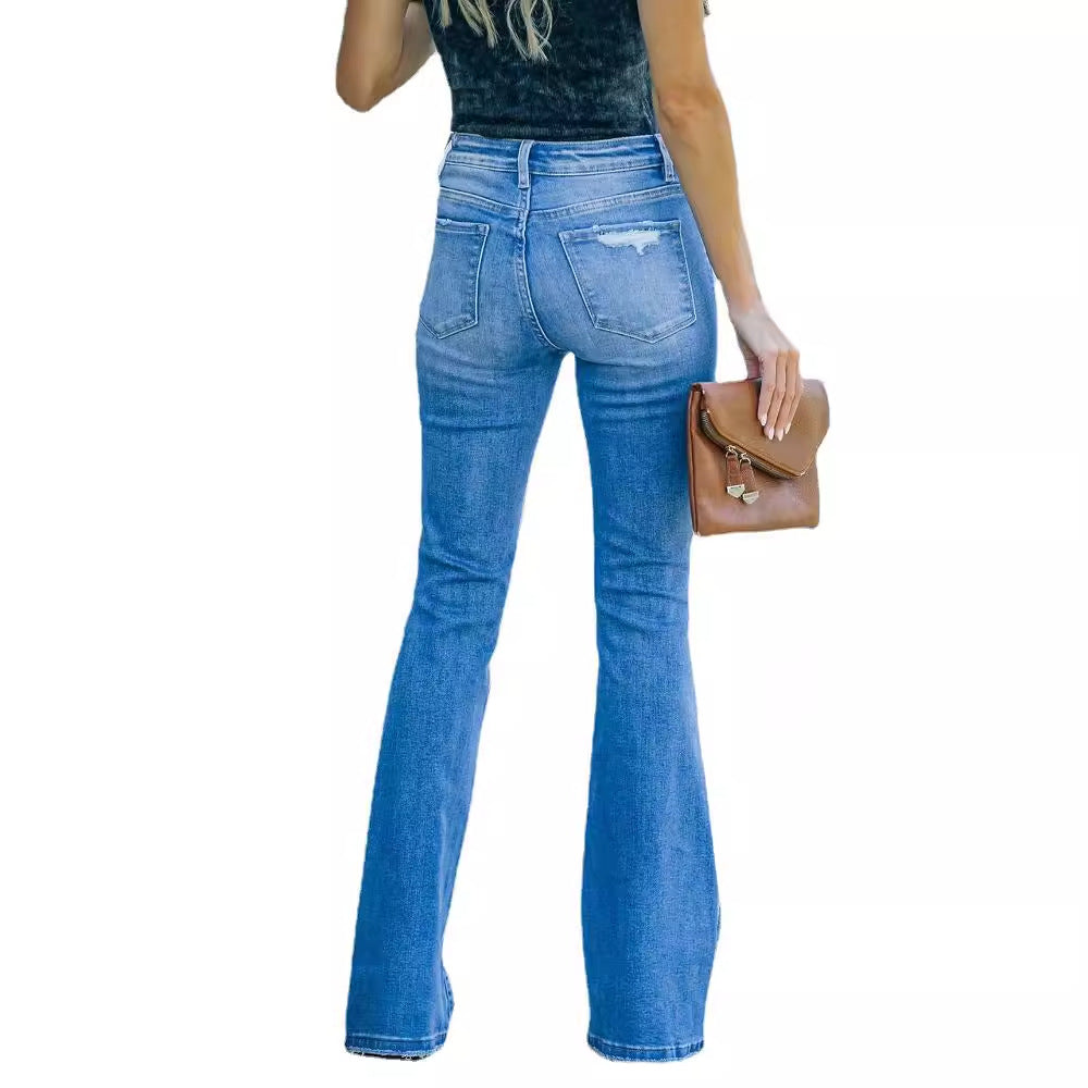 Women’s Bootcut Jeans – High Waist – Distressed Knee – Flared Leg – Full Length Denim