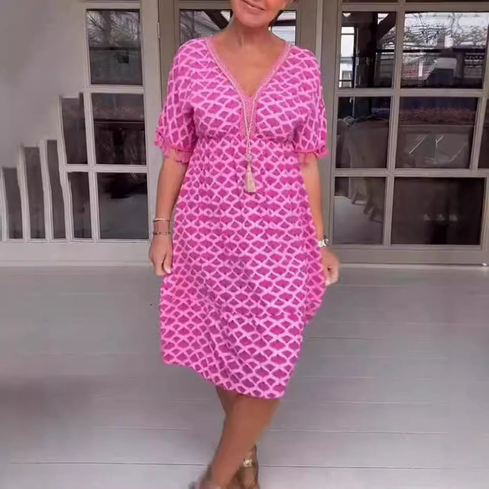 Women’s Midi Dress – Relaxed Fit – V-Neck with Tassel Tie – Geometric Print – Fringed Sleeves – Breathable Blend