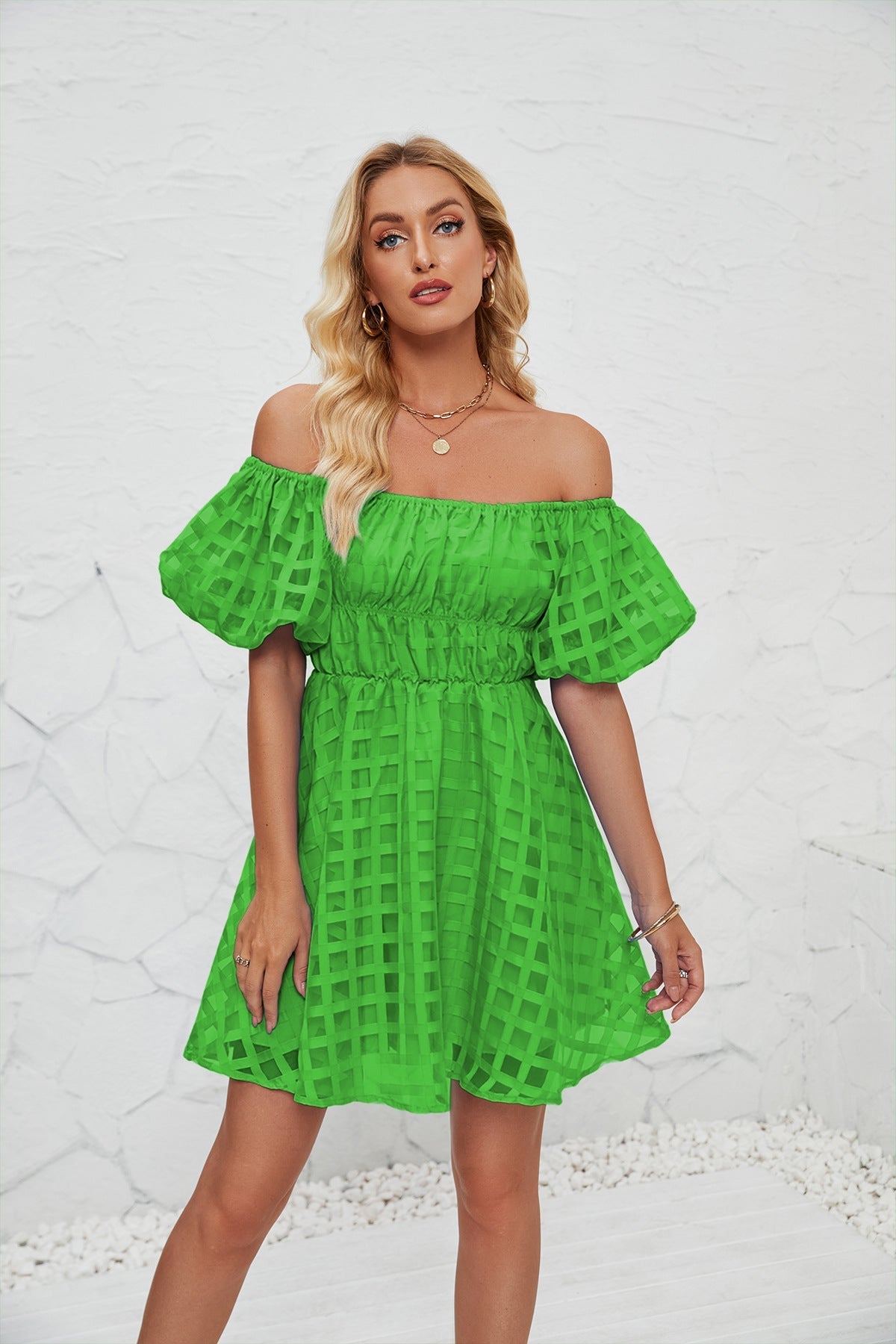 Women’s Mini Dress – A-Line Fit – Puff Sleeves – Square Neck – Breathable Blend