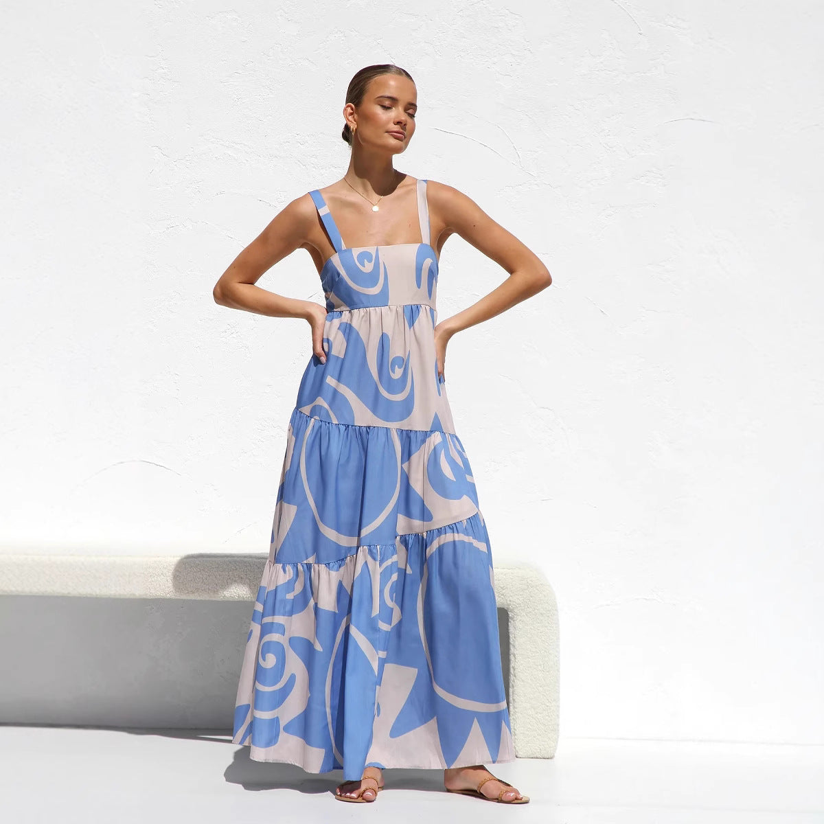 Women’s Maxi Dress – Sleeveless Cotton – Tiered Flowy Fit – Square Neckline