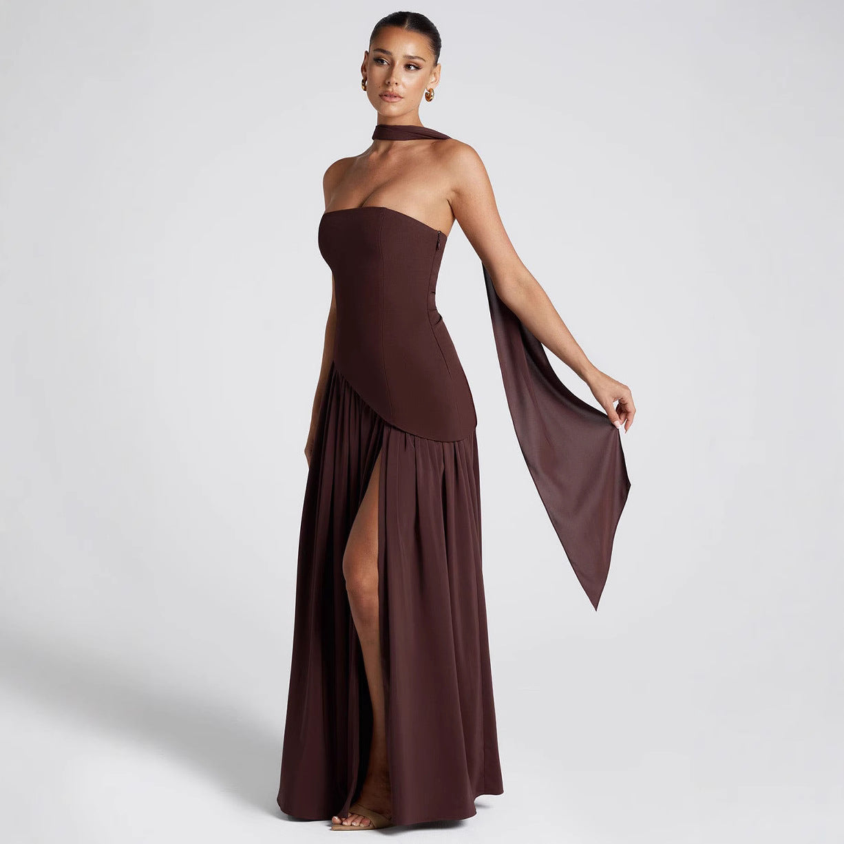 Women’s Evening Dress – Strapless Asymmetrical Bodice – Flowy Skirt – Side Slit
