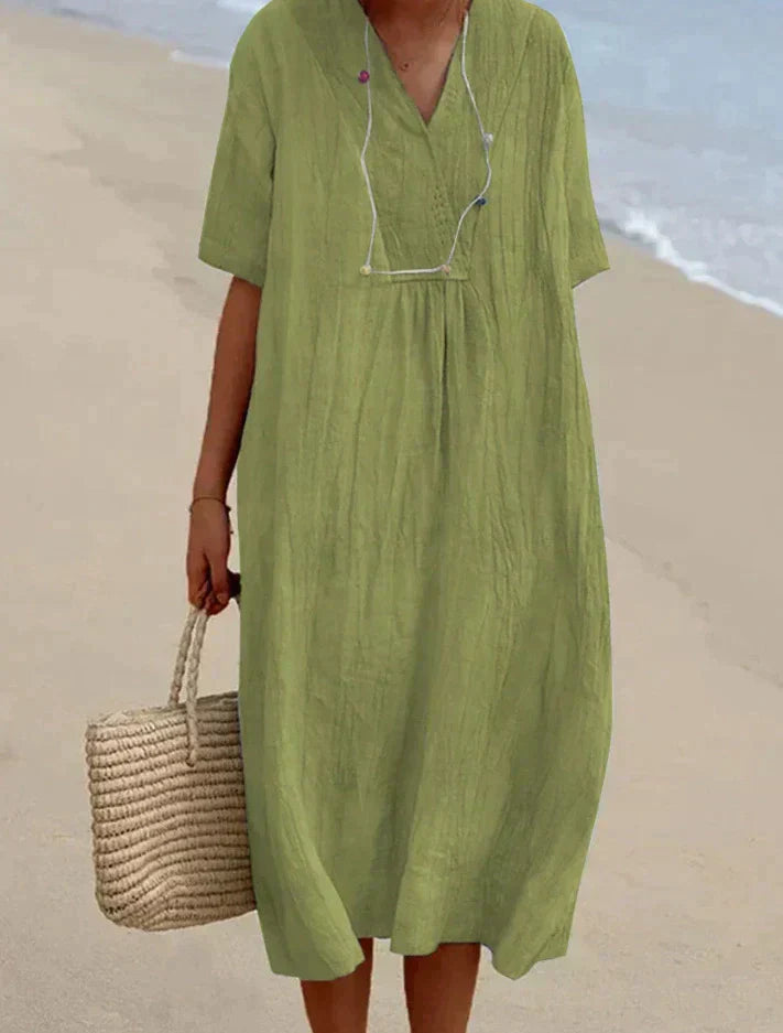 Women's Midi Dress - Loose Fit - V-Neck Short Sleeve - Lightweight Casual Wear