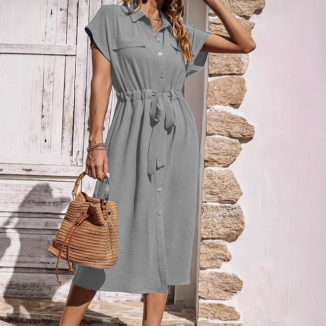 Women’s Shirt Dress – Cotton Blend – Midi Length – Button Down – Tie Waist – Short Sleeve