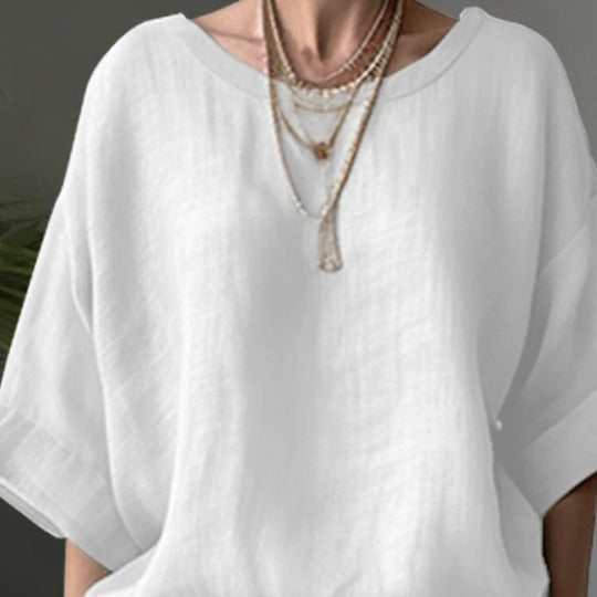 Women’s Oversized Blouse – Cotton Linen Blend – Drop Shoulder – Round Neck – Relaxed Fit