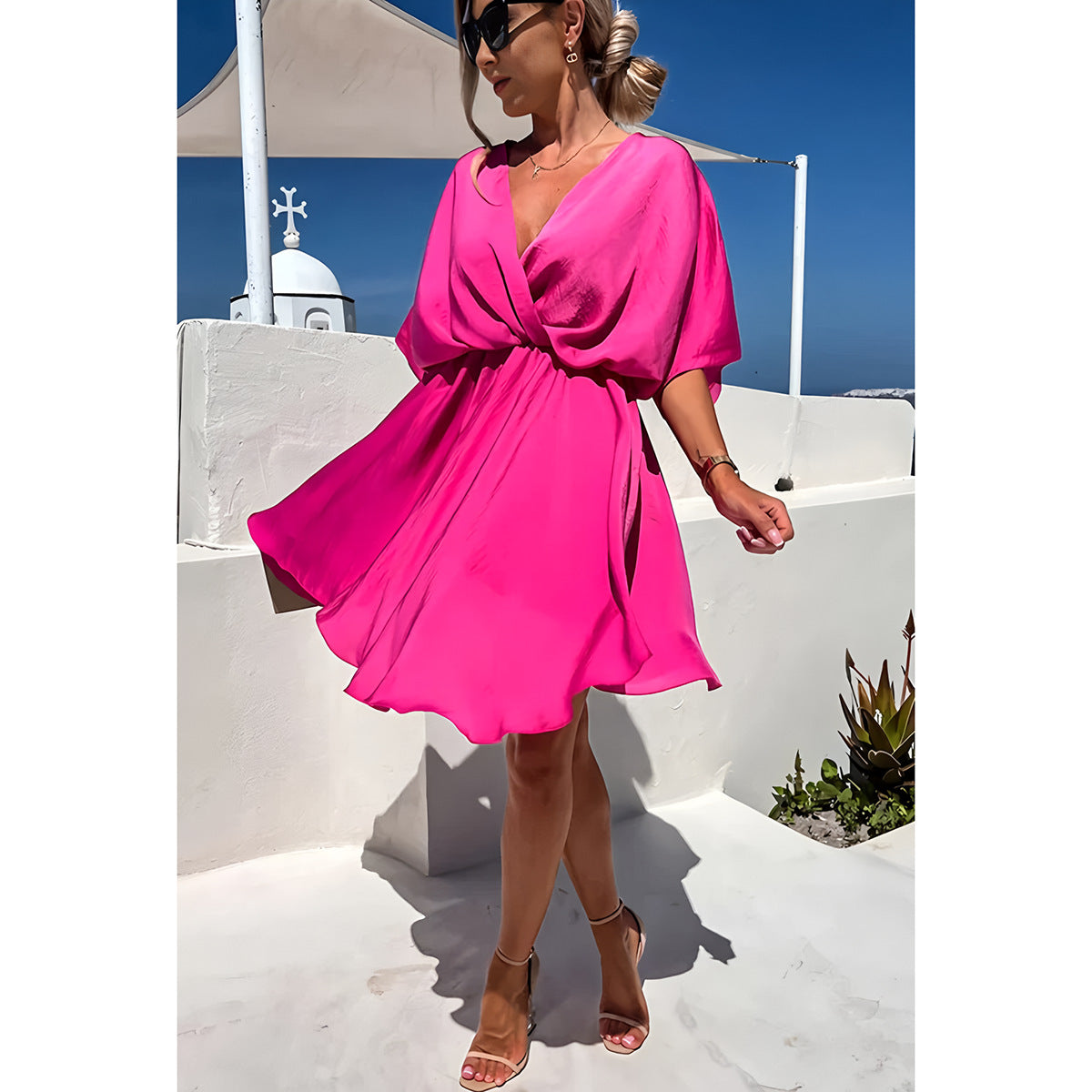 Women’s Dress – Relaxed Fit – Batwing Sleeves – V-Neck – Asymmetrical Hem – Knot Front