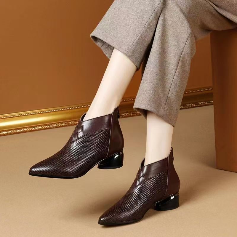 Women’s Ankle Boots – Pointed Toe – Low Block Heel – Textured Side Panels