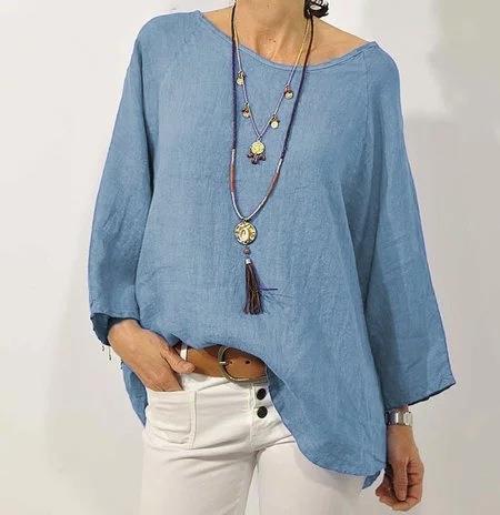 Women’s Top – Cotton Linen Blend – Relaxed Fit – 3/4 Raglan Sleeve – Asymmetrical Hem